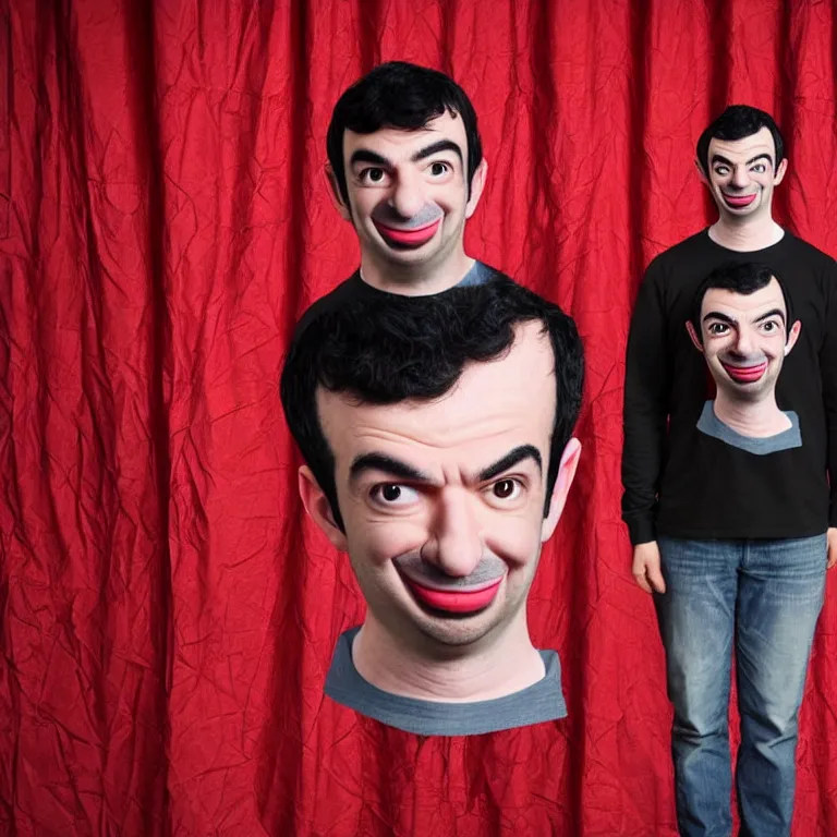 Image similar to focused dslr medium shot photograph of nathan fielder from nathan for you on comedy central wearing a paper mache mask of nathan fielder's face on a stage with a red curtain, meta, fractal, trippy, high detail!!! 8 k!!!!, photorealism!!!, sharp focus!!! coherent!!!