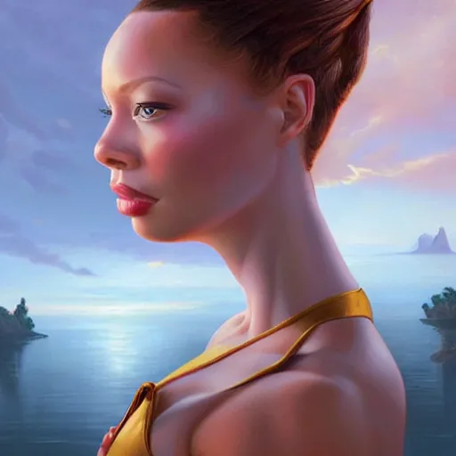 Image similar to a beautiful scenic painting of a beautiful young woman that looks like rebecca ferguson by artgerm and wlop and wes anderson and spike jonze