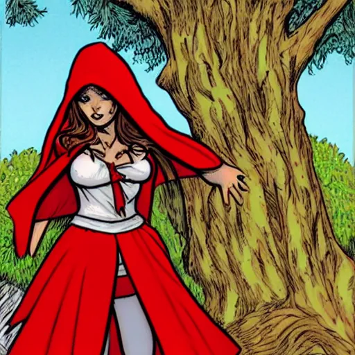 Image similar to little red riding hood illustrated in the style of arthur adams