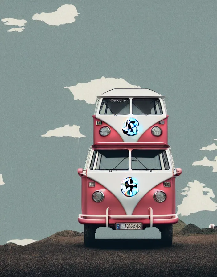 Prompt: front view vw camper touring rural japan, a collage painting, in the style of wes anderson, lola dupre, david hockney, isolated on negative white space background dark monochrome fluorescent spraypaint accents volumetric octane render, no double subject