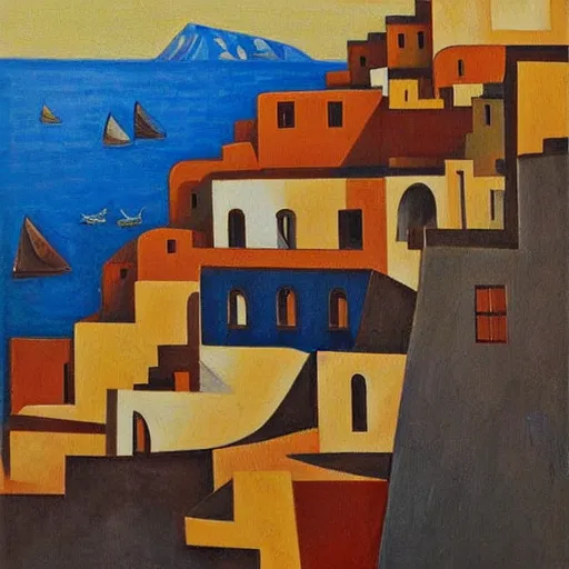 Prompt: cubism art print painting of Santorini, by Andre Baldet, trending on Saatchi Art, trending on Society6, high definition,