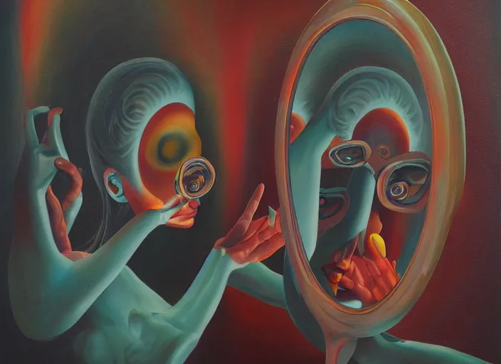 Prompt: a painting of a person looking in a mirror, a surrealist painting by Taro Okamoto, behance contest winner, pop surrealism, surrealist, cosmic horror, biomorphic