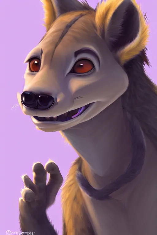 Image similar to oil painting of anthromorphic female hyena, in style of zootopia, female fursona, furry, furaffinity, 4 k, deviantart, furry art, fursona art, wearing black business suit, business suit, hyena fursona, female, smug expression,