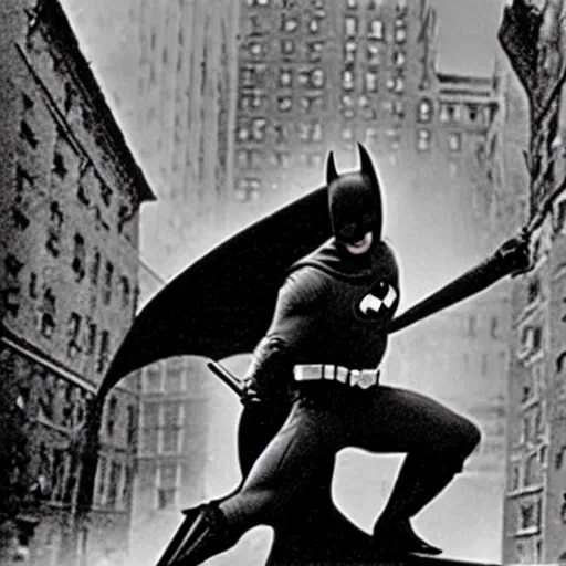 Image similar to a close - up old black and white photo, 1 9 1 3, depicting batman fighting a bad guy in an ally of new york city, rule of thirds, historical record