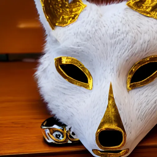 Prompt: a realistic photo of a beautiful white and gold fox mask, laying on a cherrywood desk, with spot lighting showing off the vivid gold details of the mask, f/1.8 32mm lens, 4K award winning, trending on artstation