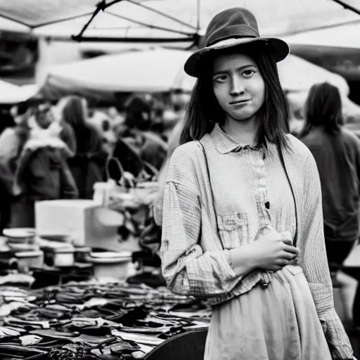 Prompt: greyscale analog photo of a young beautiful woman at a flea market, heavy filmgrain, depth of field