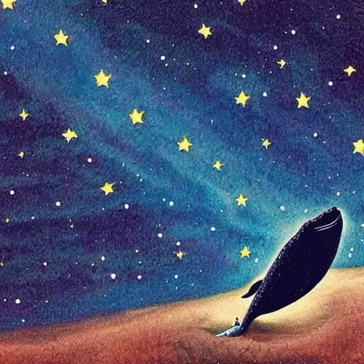 Image similar to portrait of whale swimming on a starry night sky, swimming across the universe, oniric, dreamy, beautiful, highly detailed, cinematic