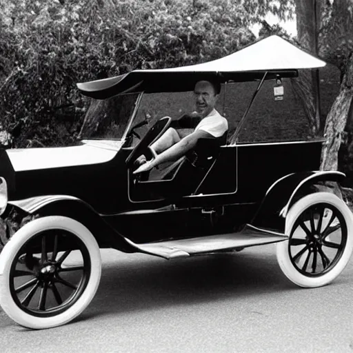 Prompt: a quokka, driving a model t ford, black and white photograph