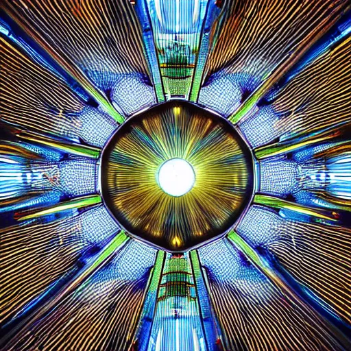 Prompt: a perfect render of 5-point perspective cathedral ceiling of ferrofluid bee flames with 3d wasp archways and tutankhamum monarch colors. futuristic, metallic, glowing, perfect, shadows, highly detailed, 3d, hyperrealistic, photorealistic, octane render, unreal engine 5, hd, rimlight, bee, wasp, highly reflective, 4k, 8k, raytracing, polished, neon, futuristic, wasp, symmetrical