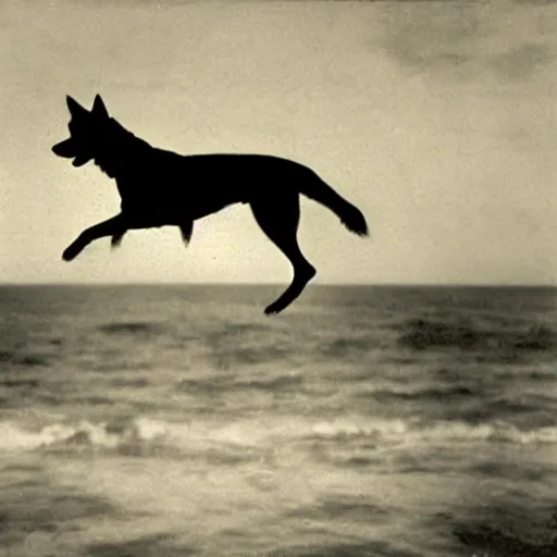 Prompt: an early 1 9 0 0 s photograph of a luminescent black dog levitating high over the beach, magical orbs, moonlight, nighttime