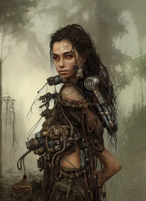 Image similar to portrait of a young very beautiful cute tribal woman with a steampunk gun, in a post apocalyptic city overgrown with lush vegetation, by Luis Royo, by Greg Rutkowski, dark, gritty, intricate, head space, cover illustration, concept art, volumetric lighting, volumetric atmosphere, octane render, trending on artstation, 8k