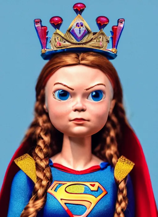 Image similar to closeup face profile portrait of a tin toy greta thunberg as supergirl as a fairytale princess wearing a crown, bikini, depth of field, zeiss lens, detailed, fashion photoshoot, by nicoletta ceccoli, mark ryden, lostfish, breathtaking, 8 k resolution, extremely detailed, beautiful, establishing shot, artistic, hyperrealistic, octane render