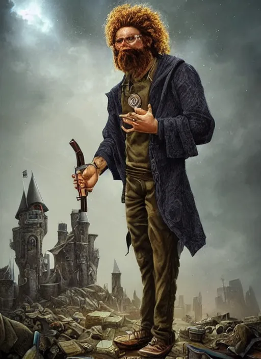 Prompt: portrait of a wizard holding a gun, the wizard has curly head and tattoos, the wizard holding a pistol points downwards, the wizard holding a pistol is only one and stands in a ruined city. by Ciryl Rolando, hyperrealistic illustration, digital art, studio lightning, very detailed faces