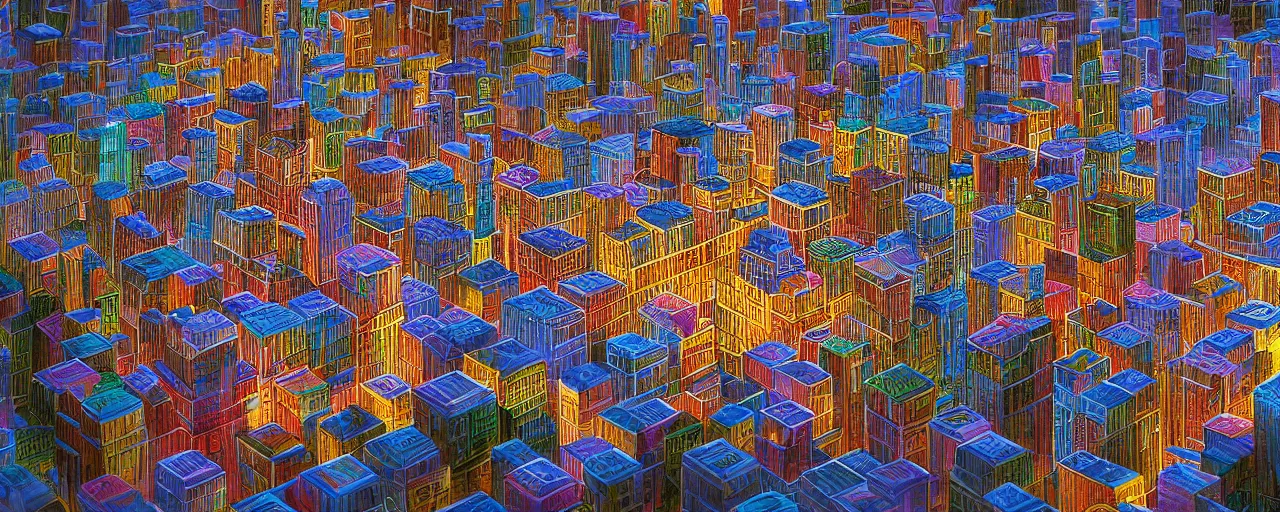 Prompt: a city made entirely out of Rubik\'s cubes, daylight, sunlight, lens flare, highly detailed, digital painting, artstation, concept art, smooth, sharp focus, 8k, photorealistic, 25mm f/1.7 ASPH Lens, ultra realistic steampunk illustration, art by greg rutkowski and alphonse mucha