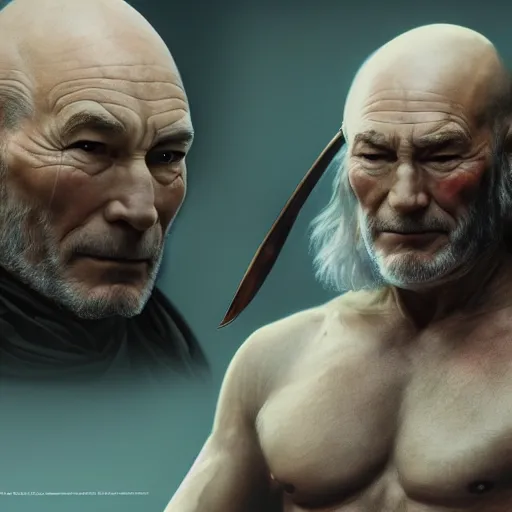 Image similar to a highly detailed matte portrait of patrick stewart as conan the barbarian, art by john collier and albert aublet and krenz cushart and artem demura and alphonse mucha, volumetric lighting, octane render, 4 k resolution, trending on artstation, masterpiece