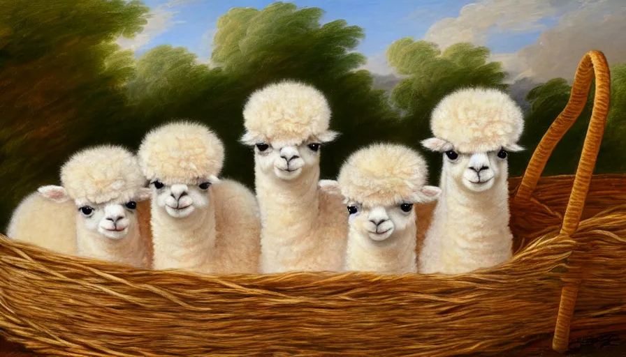 Prompt: highly detailed painting of cute baby alpacas cuddling up in a basket by william turner, thick brush strokes and visible paint layers, 4 k resolution