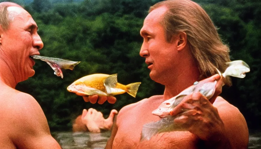 Prompt: 7 0 s movie still of putin in speedo, slapping a salmon in the face, focus on face. cinestill 8 0 0 t _ 3 5 mm eastmancolor, heavy grain, high quality, high detail