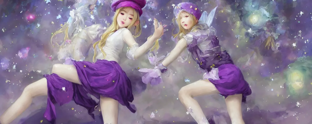 Prompt: Full View of a mysterious kpop fairy maidens with short blond hair wearing an oversized purple Beret, Baggy Purple overall shorts, Short Puffy pants made of silk, silk shoes, a big billowy scarf, Golden Ribbons, white leggings Covered in stars. Short Hair. peasant magic. masterpiece 4k digital illustration by Ruan Jia and Mandy Jurgens and Artgerm and william-adolphe bouguereau, award winning, Artstation, art nouveau aesthetic, Alphonse Mucha background, intricate details, realistic, panoramic view, Hyperdetailed, 8k resolution, intricate art nouveau