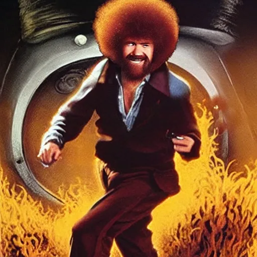 Prompt: Bob Ross as an action movie poster, dual wielding high-caliber pistols