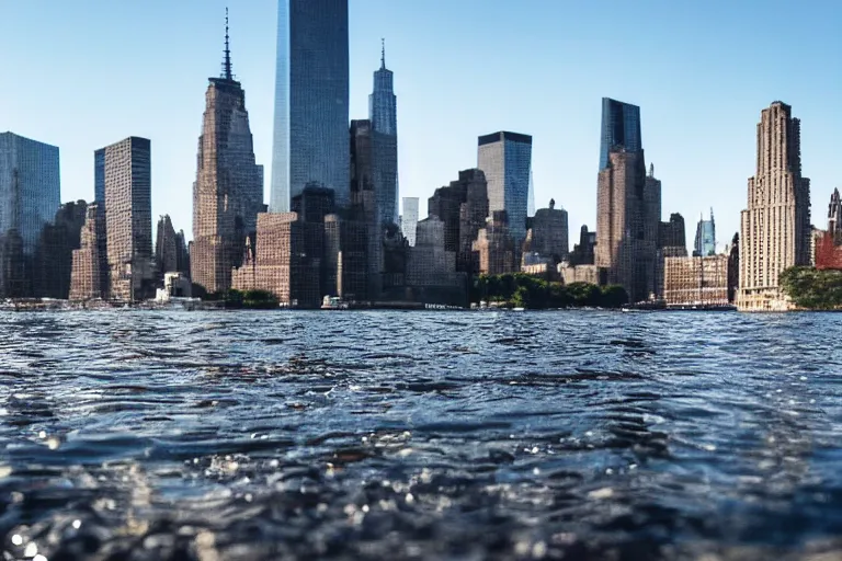 Prompt: Photo of a droplet of water through which the New York City skyline is visible