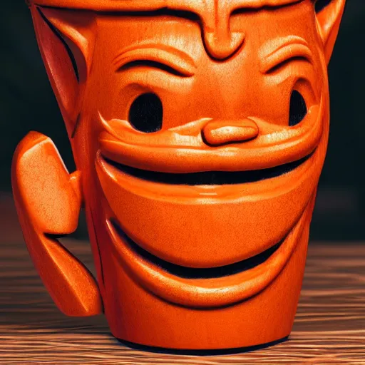 Prompt: a closeup photorealistic photograph of an orange cat garfield style tiki mug at a trader vic's restaurant with garfield's face on the front. tiki party. bright scene. fine detail. this 4 k hd image is trending on artstation, featured on behance, well - rendered, extra crisp, features intricate detail, epic composition and the style of unreal engine.