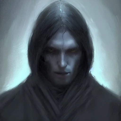 Image similar to portrait of a man by greg rutkowski, sith kinght, he looks like a vampire, long black messy hair, very tall and slender, star wars expanded universe, wearing black robes, he is about 3 0 years old, highly detailed portrait, digital painting, artstation, concept art, smooth, sharp foccus ilustration, artstation hq