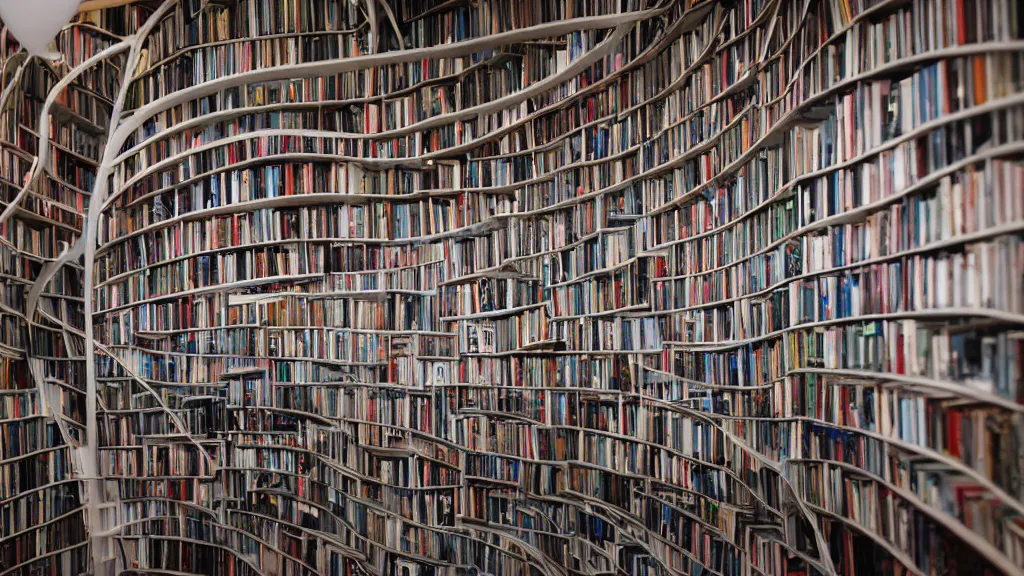 Prompt: infinite tunnel made of curved bookshelfs, leica summilux 3 5 mm f / 1. 4,