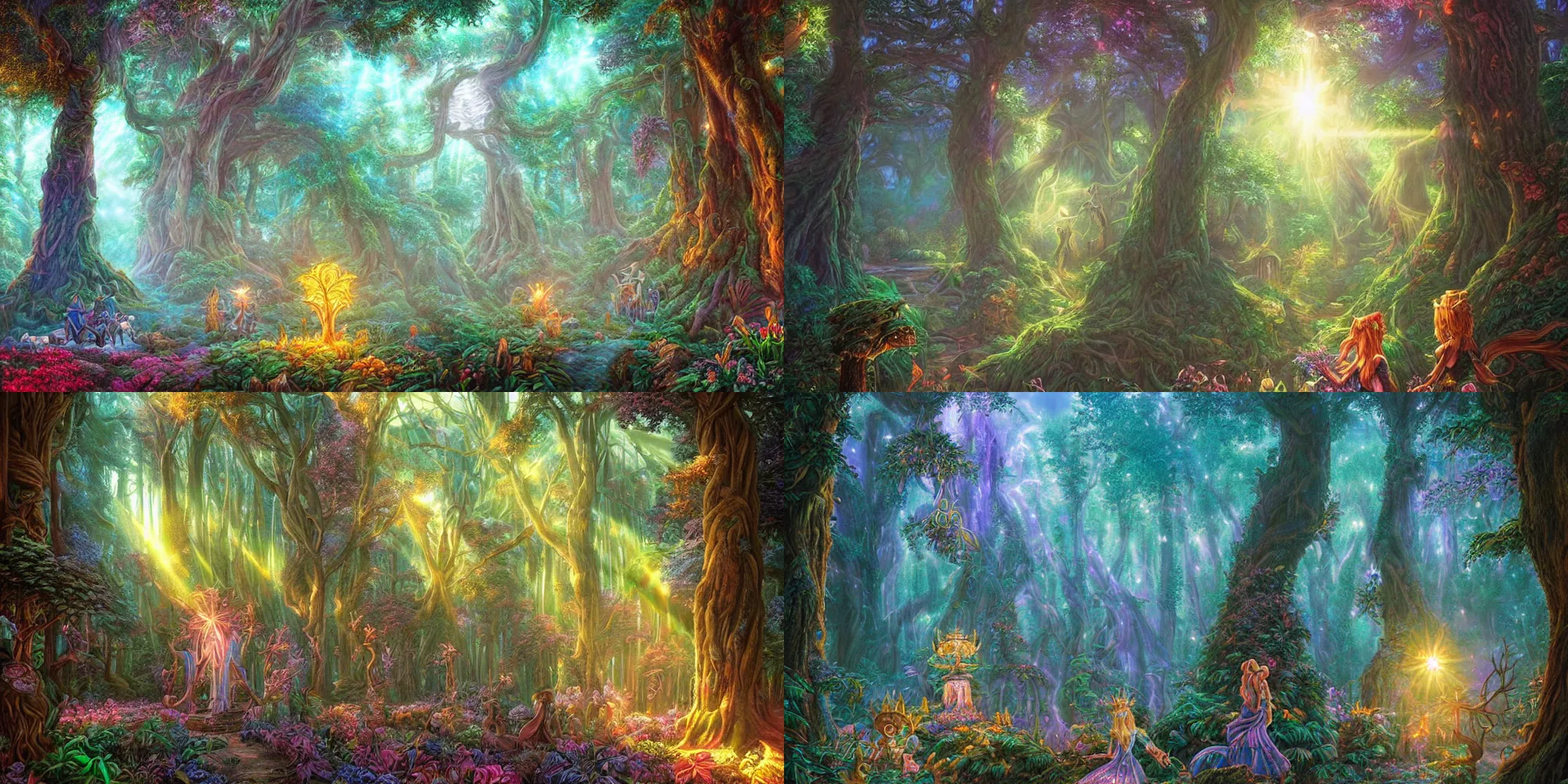 Prompt: magical forest with tall trees and statues of ancient goddesses, whimsical, fairy tale, secret of mana, hyper realistic, volumetric lighting, sunshafts, dan mumford, thomas kinkade