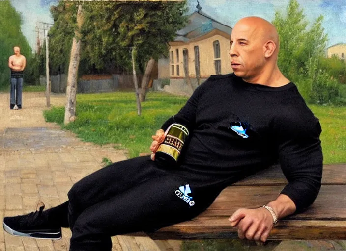 Image similar to vin diesel in black adidas sport costume, as gopnik character, sitting on a bench with a bottle of beer in the courtyard of a provincial russian town, oil on canvas, naturalism