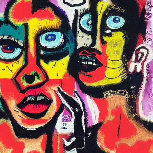 Image similar to beautiful painting of two bizarre psychedelic goth women kissing each other closeup in a cafe in japan, speculative evolution, mixed media collage by basquiat and jackson pollock, magazine collage art, sapphic art, lesbian art