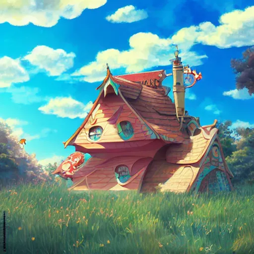 Prompt: photo cartoon illustration comics manga painting of flying animal, fantastic candy house, blue skies and lots of clouds, fairy tales, bright colors and high picture, quality, by makoto shinkai, hdr, digital painting, unreal engine, 8 k, volumetric lighting, contrast