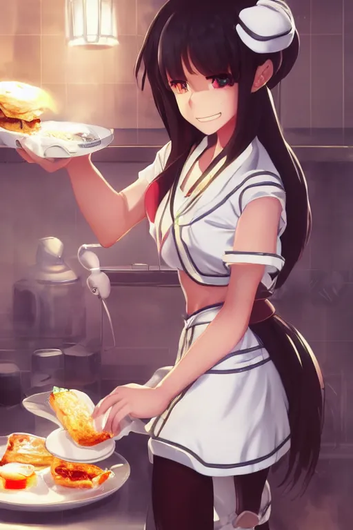 Image similar to a cute android maid girl cooking breakfast, character art portrait, anime key visual, official media, illustrated by wlop, extremely detailed, 8 k, trending on artstation, cinematic lighting, beautiful,