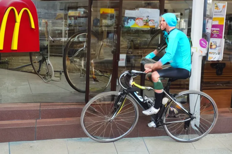 Image similar to cyclist in toilet!!! inside mcdonalds is eating donuts!!! and drinking yerba!!! mate