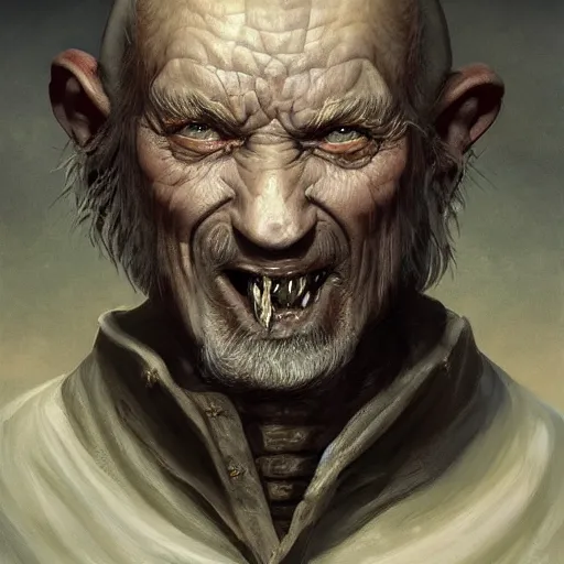 Image similar to a detailed matte head - on portrait painting of an ugly old hobbit man, with a large scar and missing teeth portrait by charlie bowater, lise deharme, wlop, tending on arstation, dungeons and dragon, dnd, pathfinder, fanart, oil on canvas