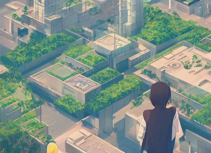 Image similar to digital illustration of walkable metropolis with renewable energy, rooftop gardens and beautiful manicured landscaping by makoto shinkai, ilya kuvshinov, lois van baarle, rossdraws, basquiat trending on artstation | cool color scheme