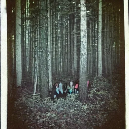 Prompt: dark forest party in 1 9 6 9, polaroid photo, perfect photo, photo pinterest