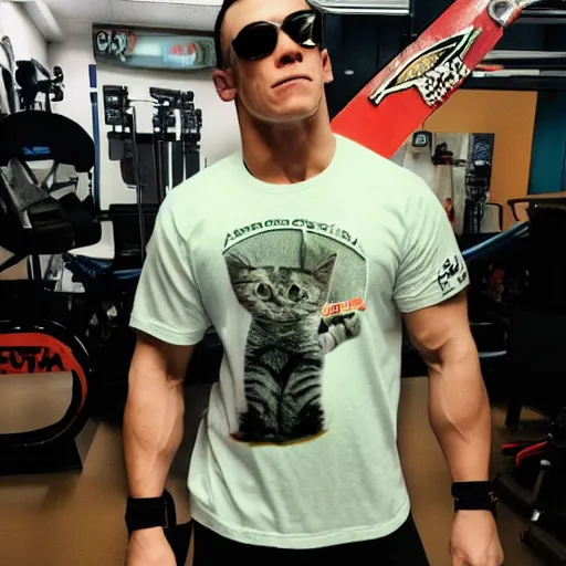 Prompt: cat wearing john cena shirt, photo, 8k, hyper realistic, photography