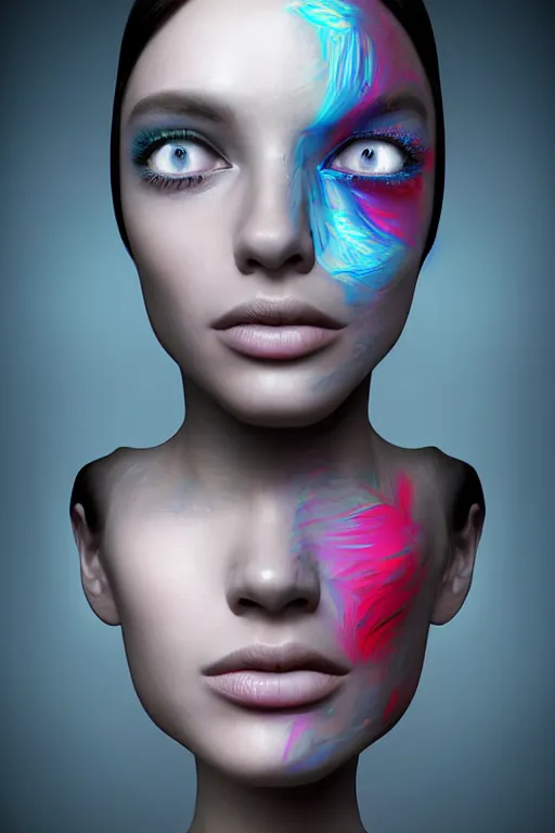 Prompt: ! dream a beautiful woman's face with one colorful eye, beautiful woman cyclopes, a 3 d render by igor morski, cgsociety, psychedelic art, daz 3 d, behance hd, rendered in cinema 4 d