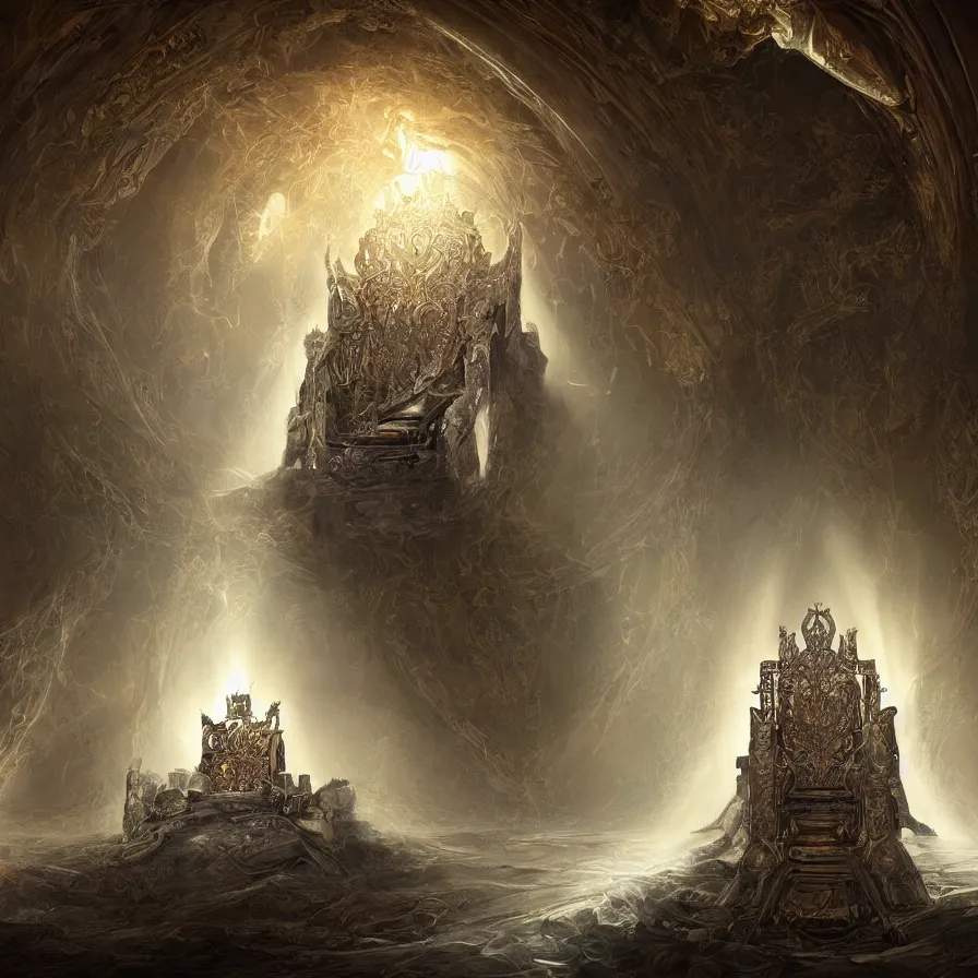 Image similar to digital painting of daniel dociu representing a throne room where a sun ray illuminate the throne, fantasy, elegant, highly detailed, matte, illustration