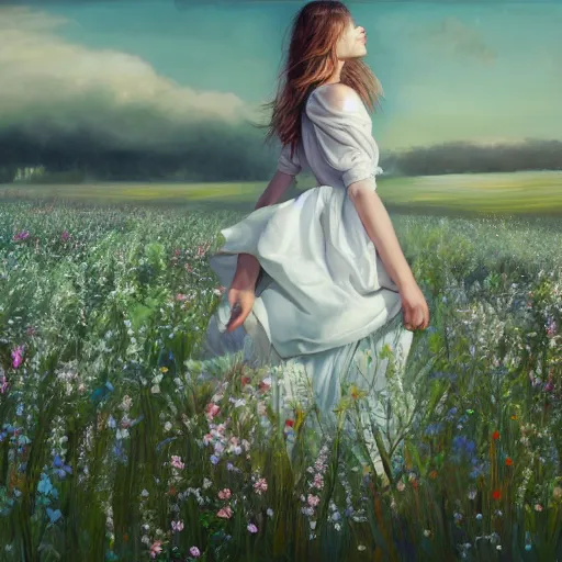 Prompt: a vogue model in a field of flowers, big draping white dress, windy, oil painting, pale colors, high detail, 8 k, wide angle, trending on artstation,