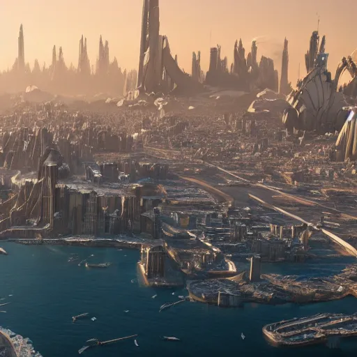 Prompt: A coastal city near some snow-capped mountains, sci-fi, 8k photorealistic, coruscant from star wars, futuristic architecture