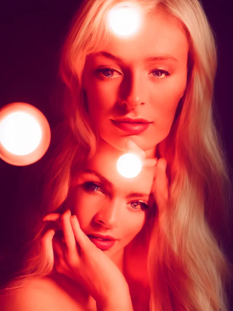 Image similar to photograph of a pretty blond woman illuminated with red light, soft light, night