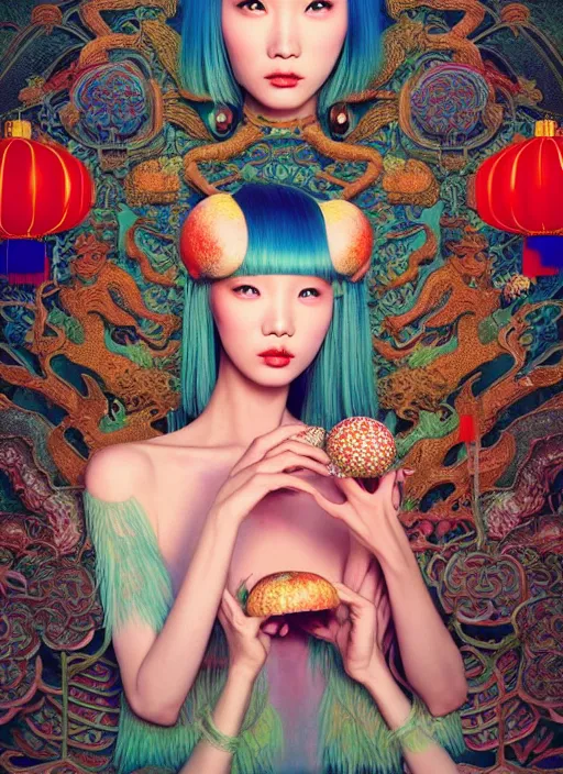 Image similar to pretty chinese model with hallucination mushroom : : by martine johanna and simon stalenhag and chie yoshii and casey weldon and wlop : : ornate, dynamic, particulate, rich colors, intricate, elegant, highly detailed, centered, vogue, harper's bazaar art, fashion magazine, smooth, sharp focus, octane render, 8 k