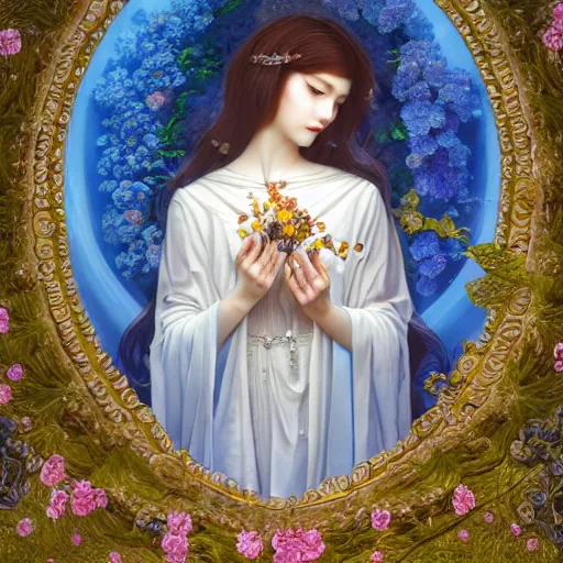 Image similar to breathtaking detailed concept art painting of the goddess of nemophila flowers, orthodox saint, with anxious, piercing eyes, ornate background, amalgamation of leaves and flowers, by Hsiao-Ron Cheng, James jean, Miho Hirano, Hayao Miyazaki, extremely moody lighting, 8K