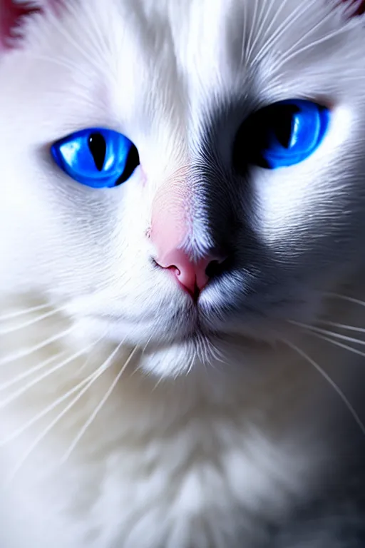 Image similar to an epic professional oil painting of a white cat with blue eyes, epic, stunning, gorgeous, intricate detail, much wow, 4K, masterpiece,