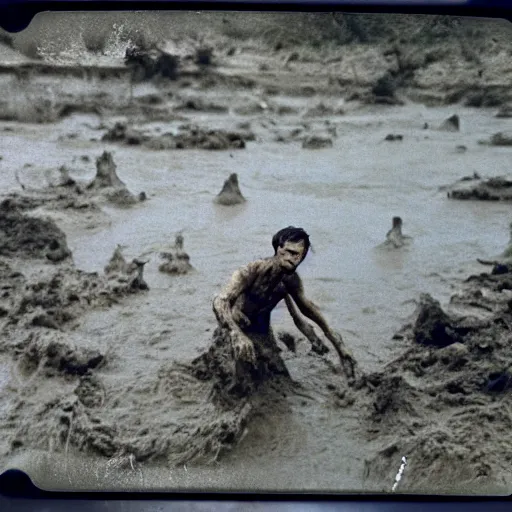 Prompt: film still, close up, benedict cumberbatch claymation rising out of muddy vietnam river, face covered in mud, combat helmet, low camera angle at water level, night time, film still from apocalypse now ( 1 9 7 9 ), 2 6 mm polaroid polaroid polaroid polaroid polaroid expired expired expired,