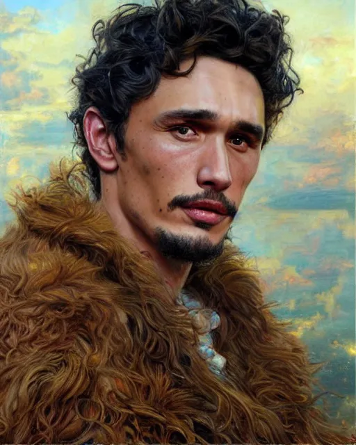 Prompt: beautiful realistic artistic detailed portrai of james franco by gaston bussiere, donato giancola