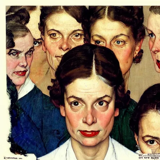 Prompt: Frontal portrait of a gang of semi-sentient women. Painting by Norman Rockwell.