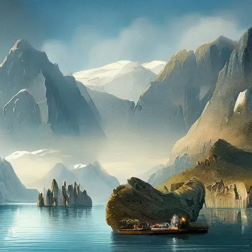 Image similar to a mountain lake landscape with futuristic vehicles in the style of Dr. Seuss, luxury, painting by Raphael Lacoste