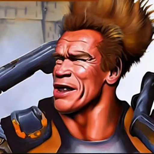 Image similar to a screenshot of arnold schwarzenegger as junkrat in overwatch